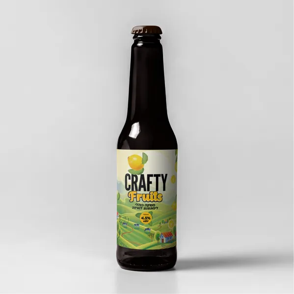 Crafty beer bottle with a green and yellow label, on a plain grey ground