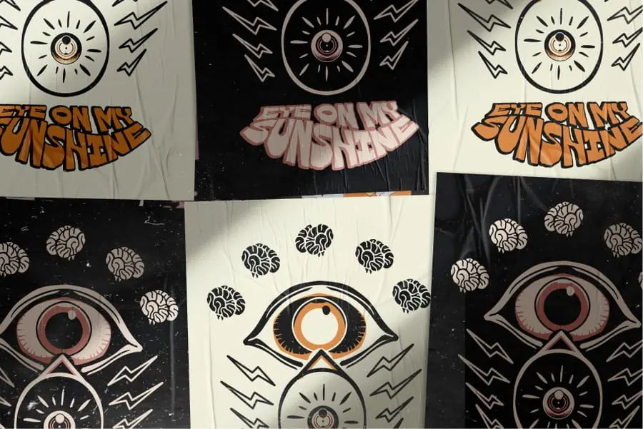 Wall study of eye illustrations and inflated Eye On My Sunshine lettering