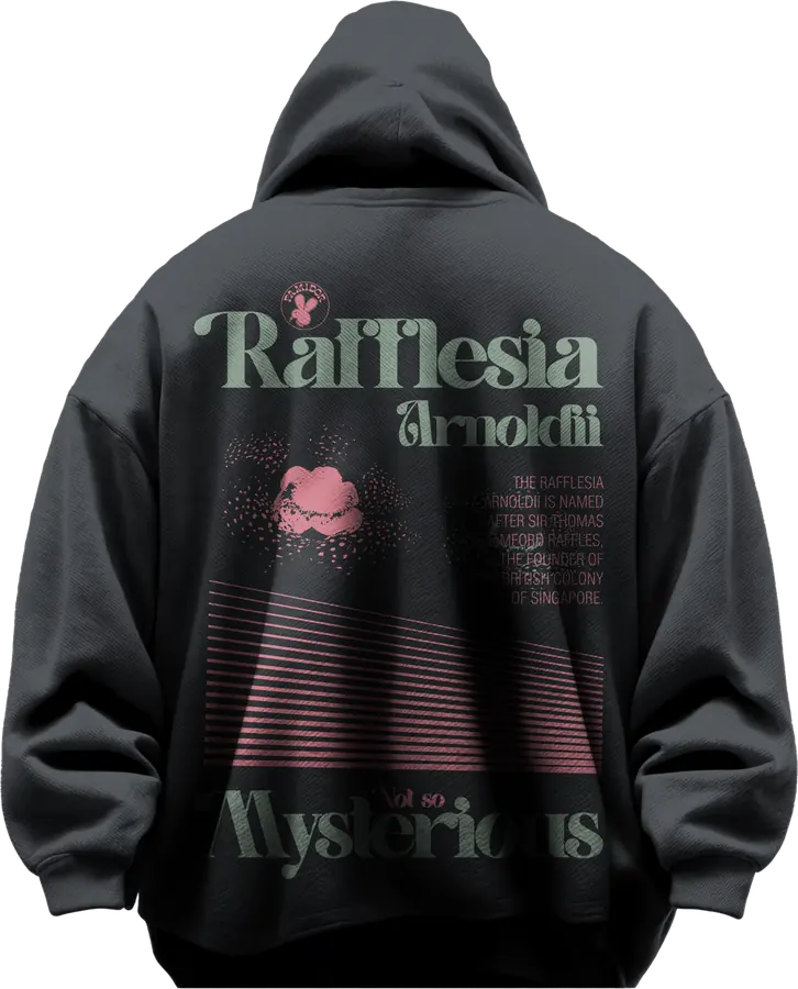 Charcoal hoodie back print - Rafflesia Arnoldii, Mysterious, with a pink bloom