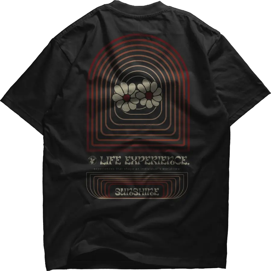 Black tee back print - arched lines around a rose, Life Experience