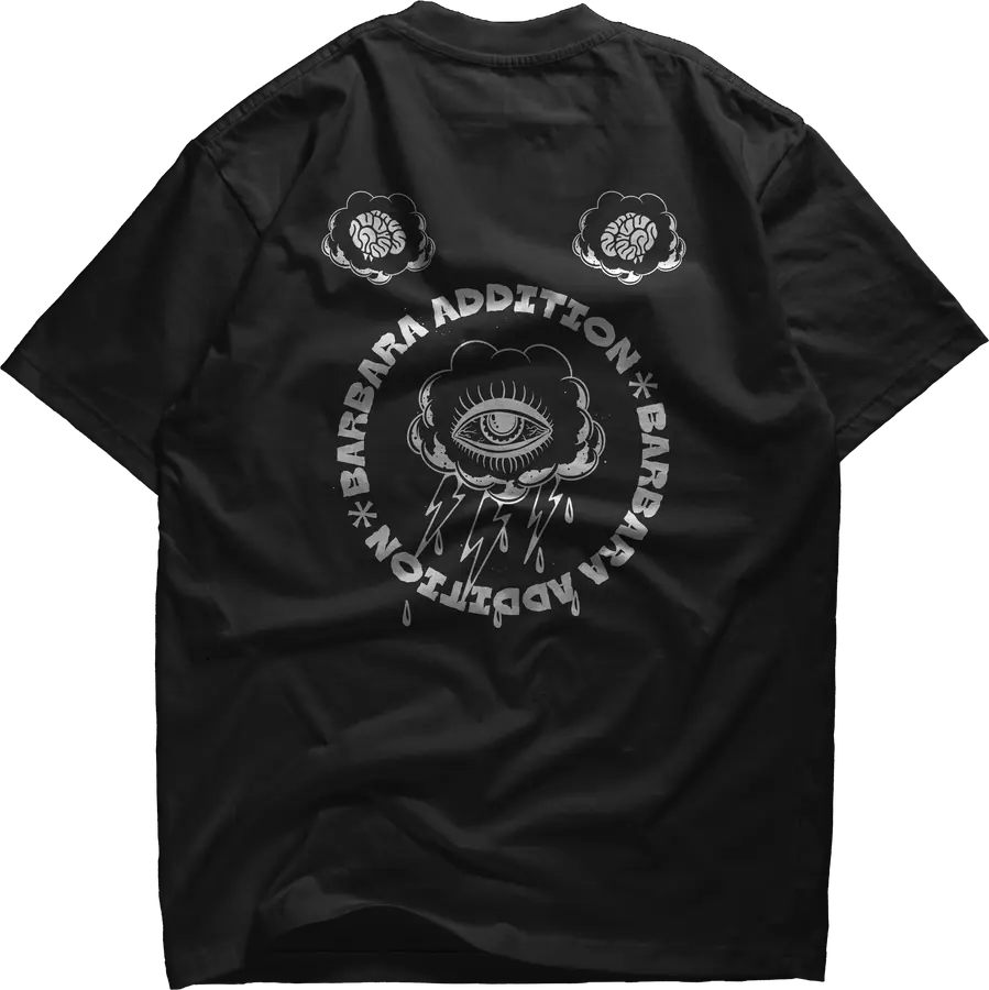 Black tee back print - circular Barbara Addiction lettering around an eye