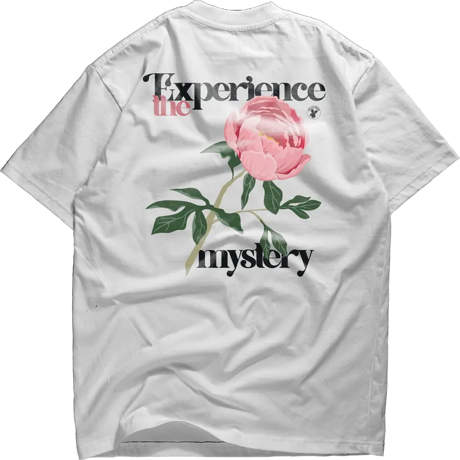 White tee back print - Experience The Mystery with a pink rose