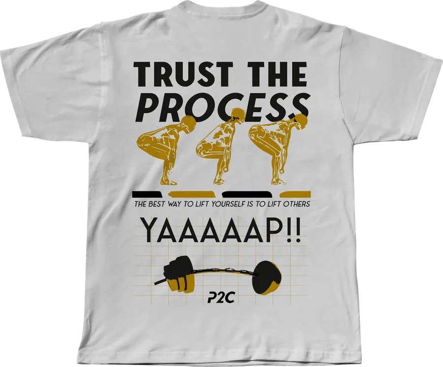 Grey tee back print - Trust The Process with a barbell illustration