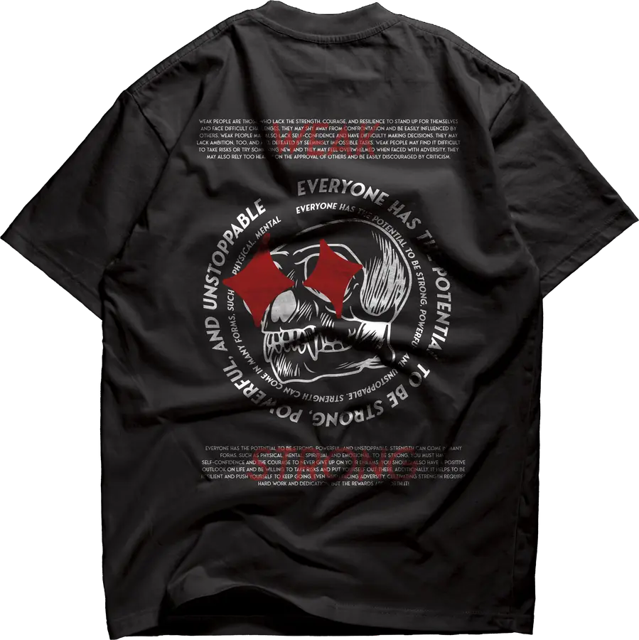 Black tee back print - a ring of type around a winged skull