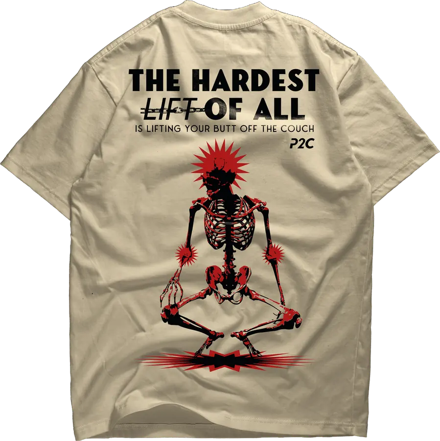 Off-white tee back print - The Hardest Lift Of All with a seated skeleton