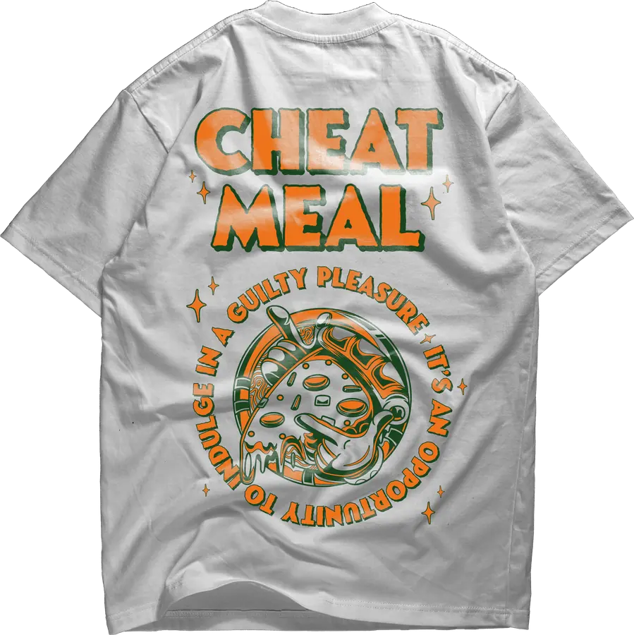 Grey tee back print - Cheat Meal in orange with a circular slogan