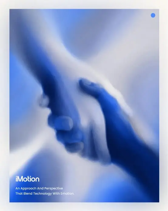 iMotion poster - two hands meeting in soft blue light