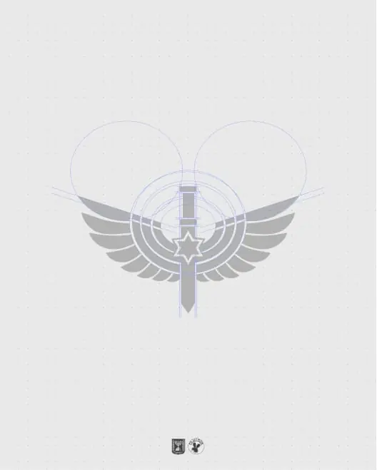 Faint winged-sword emblem, light grey on off-white