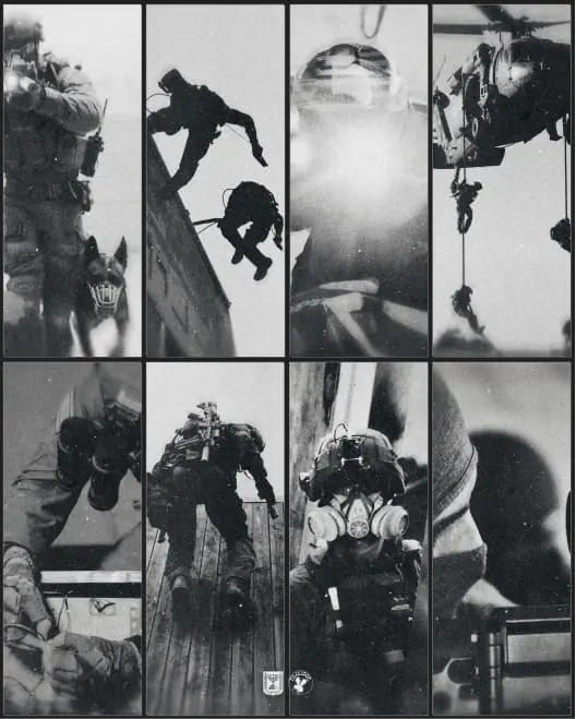 Black-and-white grid of military and action photography