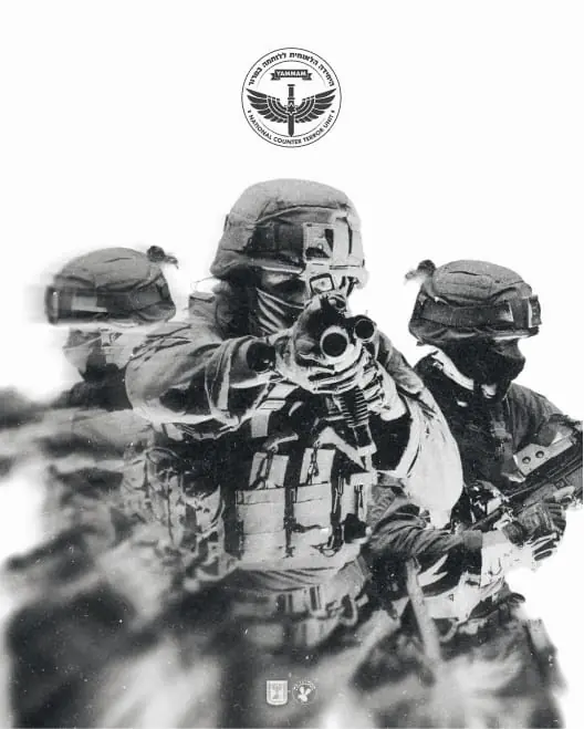 Black-and-white composite of soldiers under a unit emblem