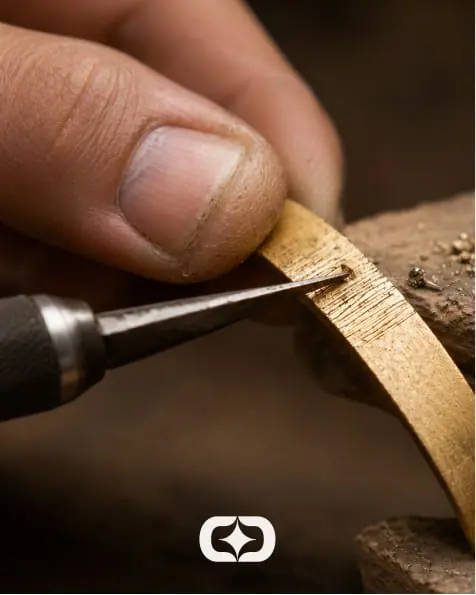 A jeweller working a gold band at the bench