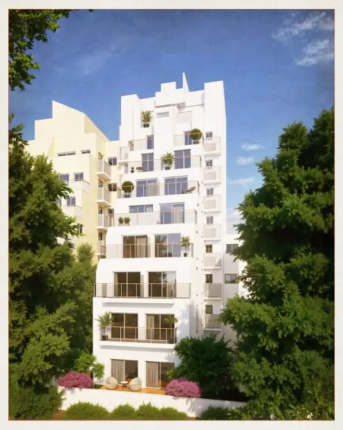 Architectural render of a white apartment building