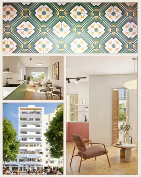 Interior renders and a tiled pattern for a residential building