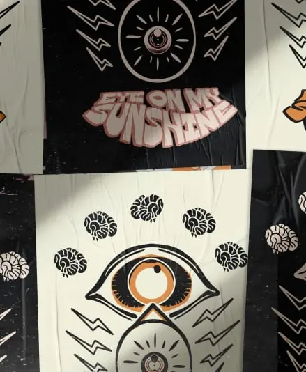 Wall of eye motifs and inflated Eye On My Sunshine lettering