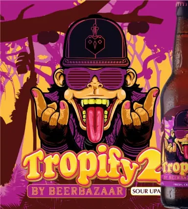 Beer label - Tropify 2, a cartoon monkey in neon purple