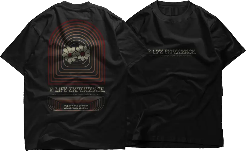 Two black tees, front and back, with tonal arched line-art prints