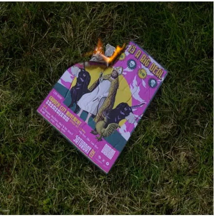 A folded poster lying on grass