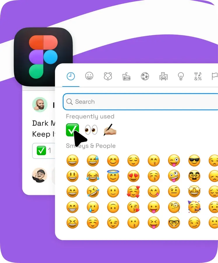Figma emoji-picker interface study on a purple ground
