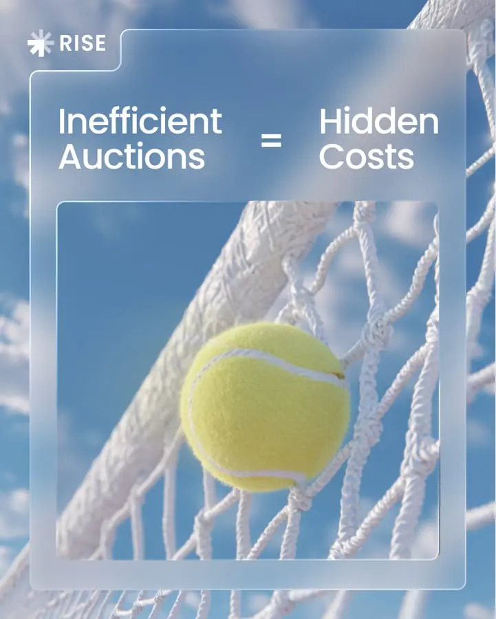 Rise social card - Inefficient Auctions equals Hidden Costs, with a tennis ball in a net