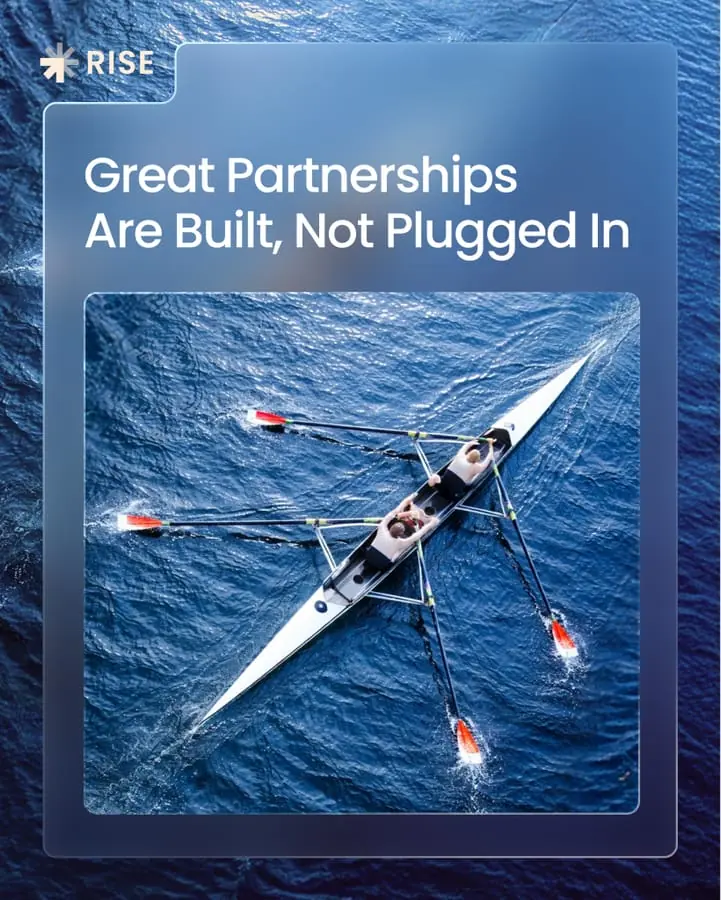 Rise social card - Great Partnerships Are Built, Not Plugged In, with a rowing eight