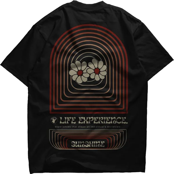 Black tee with a back print of concentric arches around flowers