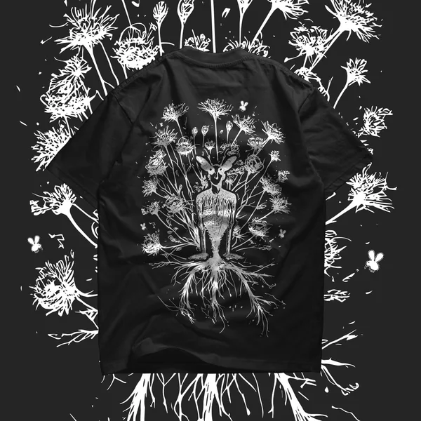 Black tee with a white line-drawn burst