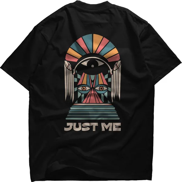Black tee with a coloured archway print and the words Just Me
