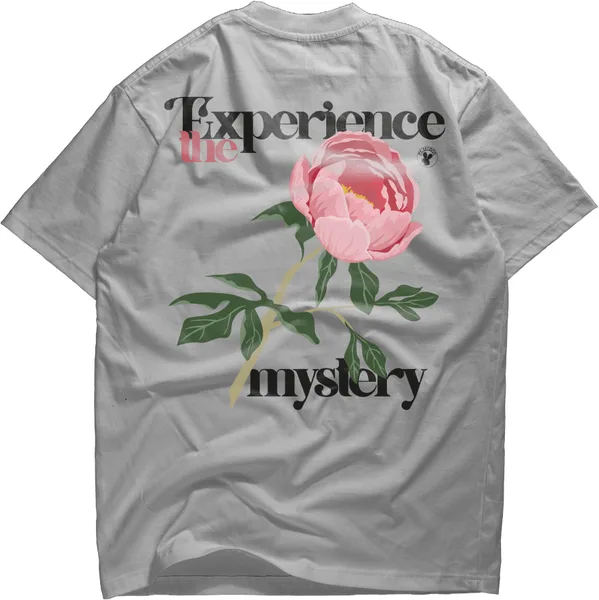 Pale grey tee printed Experience mystery around a pink rose