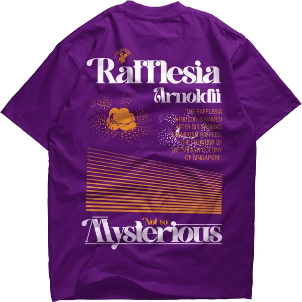 Purple tee with the RaMesia Mysterious print