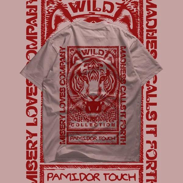 A grey tee inside a red poster frame reading Wild, with a tiger