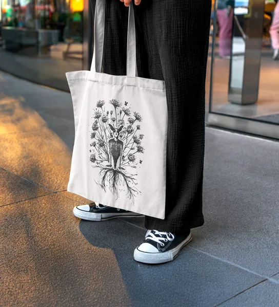 A canvas tote with a black line-art plant print, carried on a street