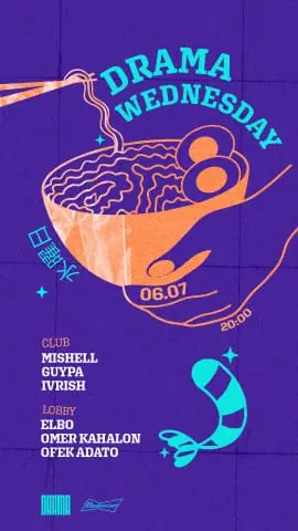 Drama Wednesday poster - a hand pouring into a bowl, on violet