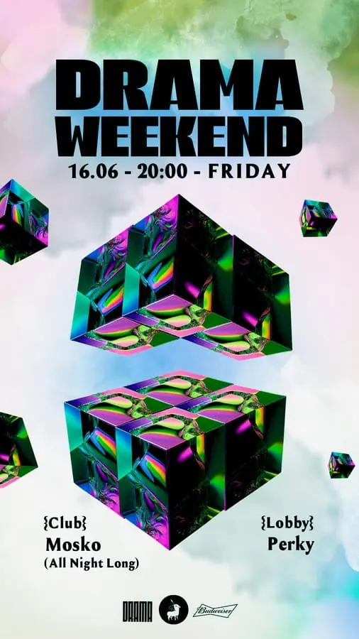 Drama Weekend poster - iridescent stacked cubes