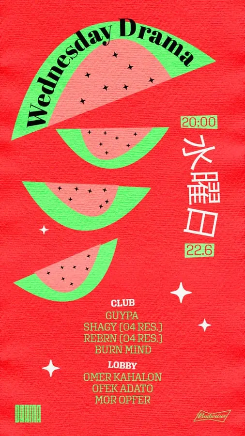 Wednesday Drama poster - watermelon slices on red