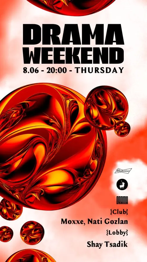 Drama Weekend poster - molten red chrome spheres
