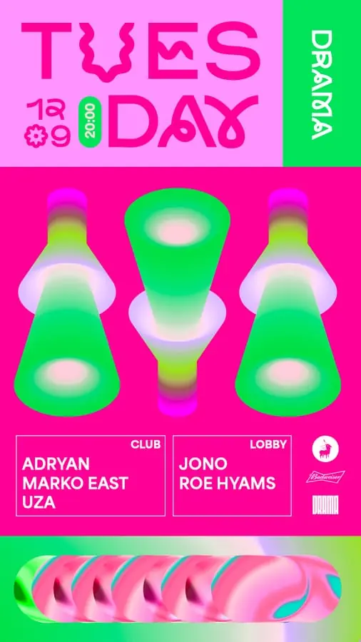 Tuesday poster - green glass forms on pink