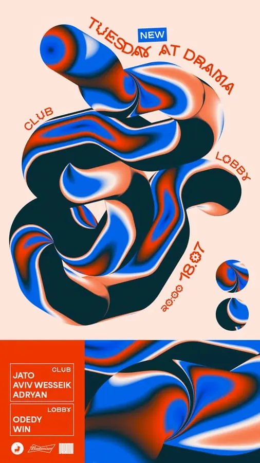 Tuesday at Drama poster - a blue and orange liquid ribbon