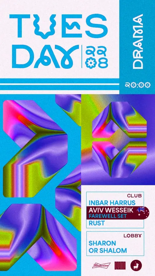 Tuesday poster - iridescent chrome on blue