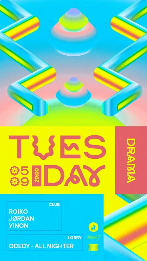 Tuesday poster - cyan and magenta chrome geometry