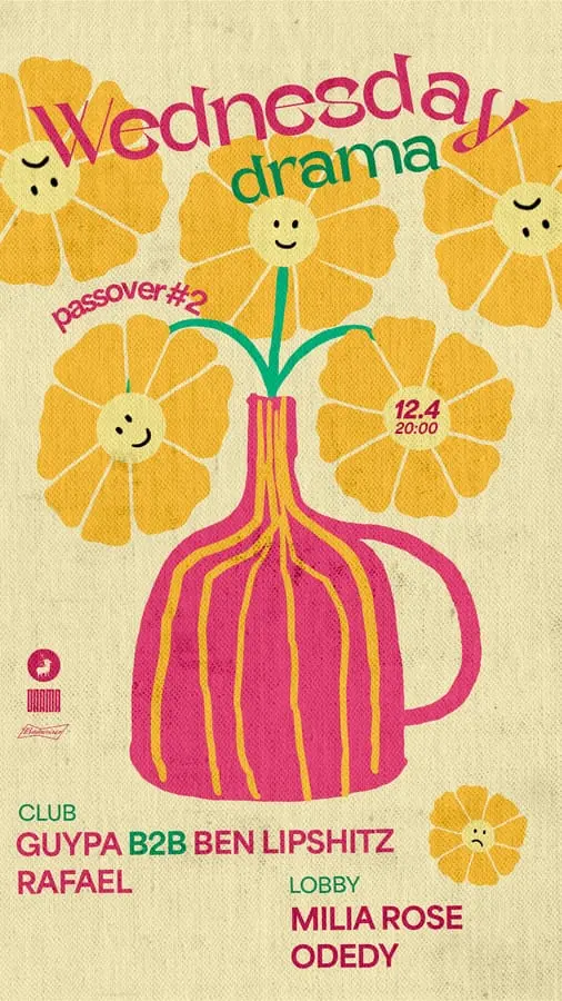 Wednesday Drama poster - a pink vase of yellow flowers