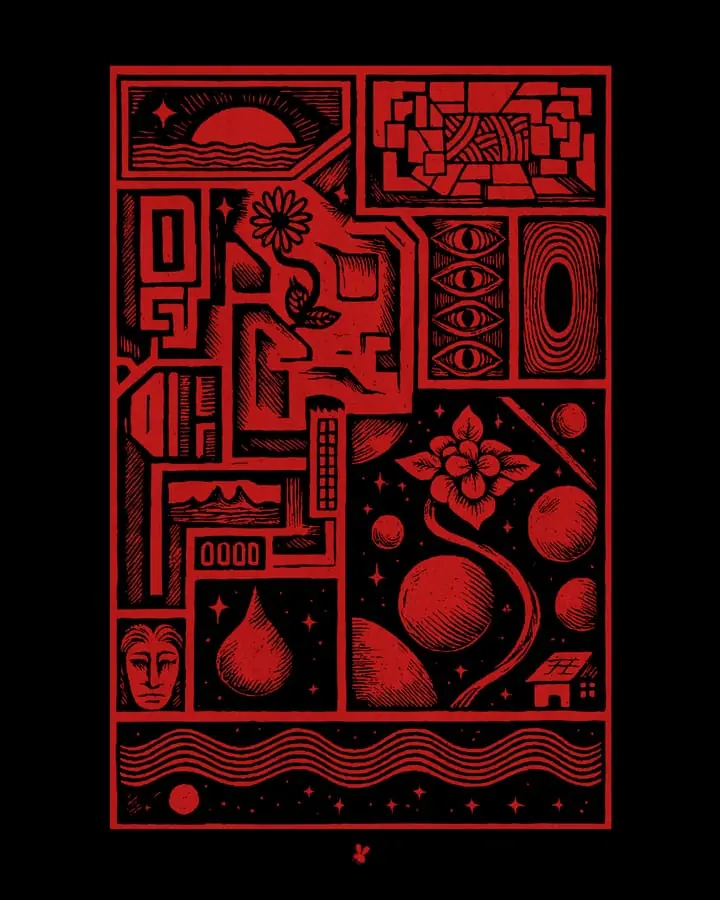 Red-on-black poster of dense engraved ornament