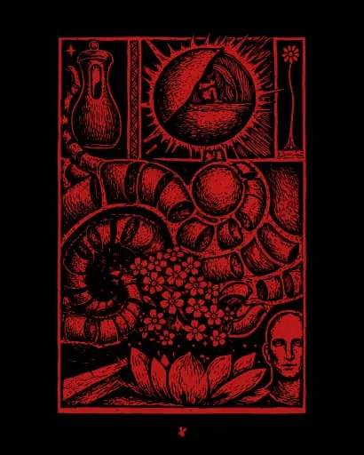 Red-on-black poster - an engraved shell, fruit and faces