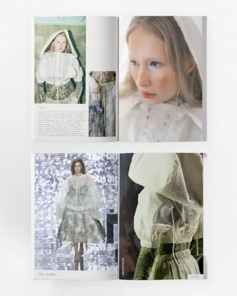 Editorial spread of pale fashion photography and sheer garments