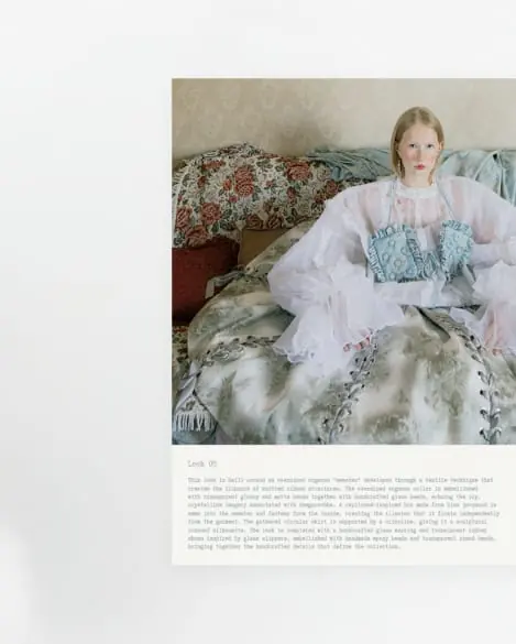Editorial page - a figure in sheer layers on a floral bedspread